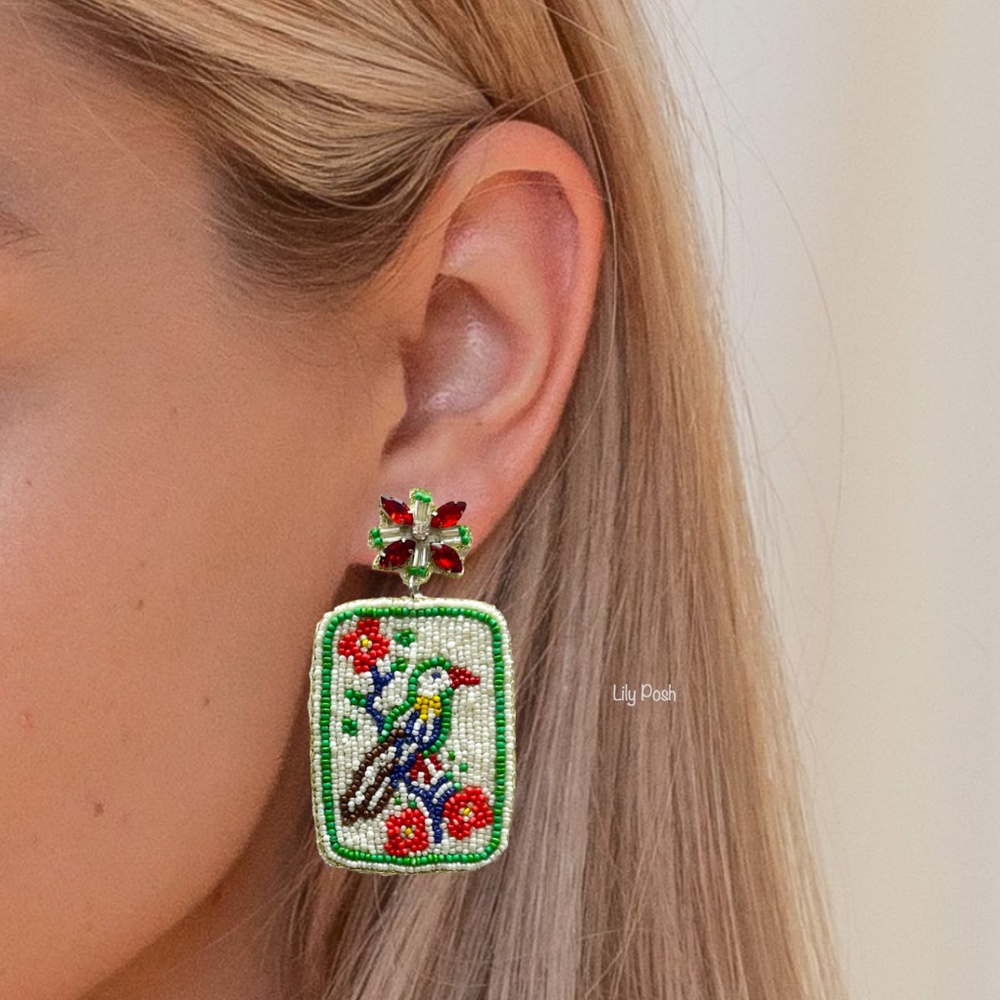 Beaded Floral & Bird Drop Earrings - Red, Green, White - Picture 2 of 3